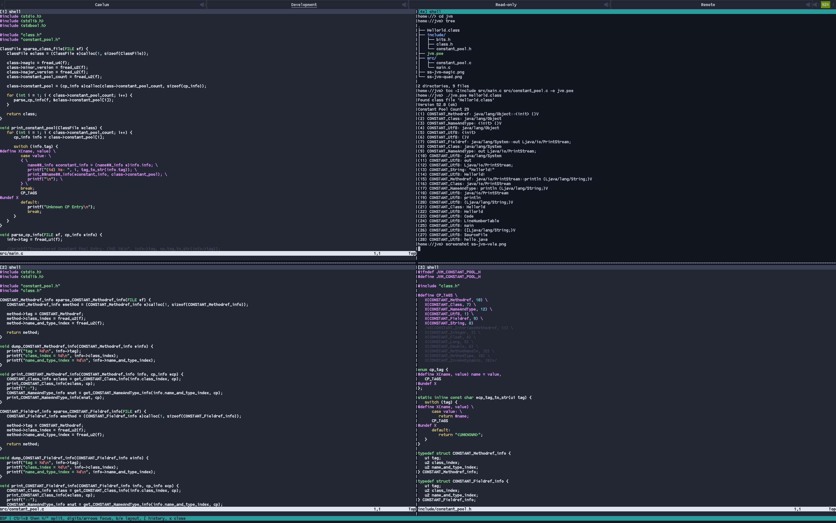 Four terminal panes on Pyxis: C source in Neovim and a shell compiling a small Java class-file parser with TCC, then running it against HelloWorld.class